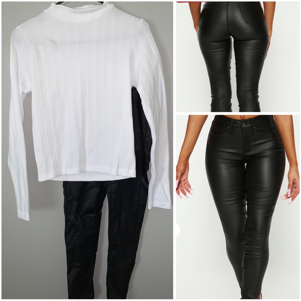 🤍White Ribbed Sweater and Black Faux Leather Pants